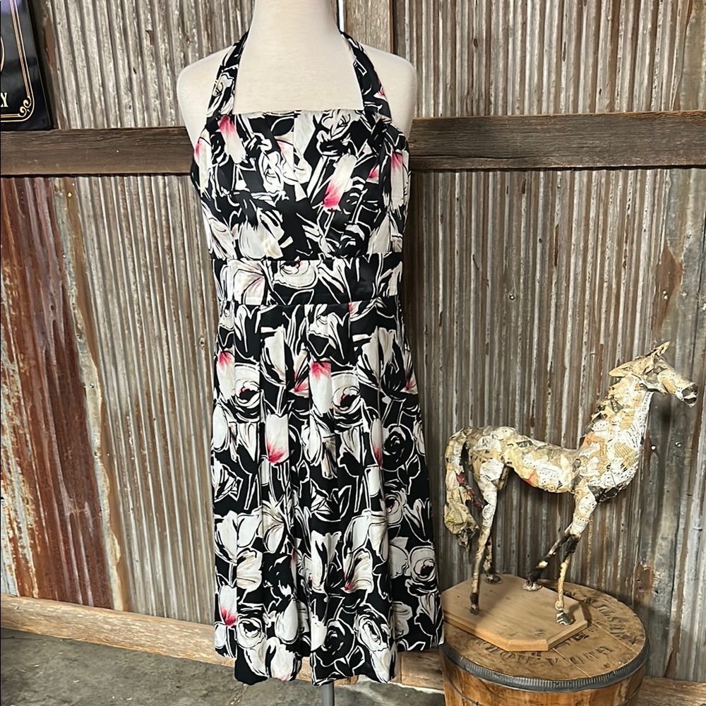 White House Black Market Black and White Silk Halter Midi Dress